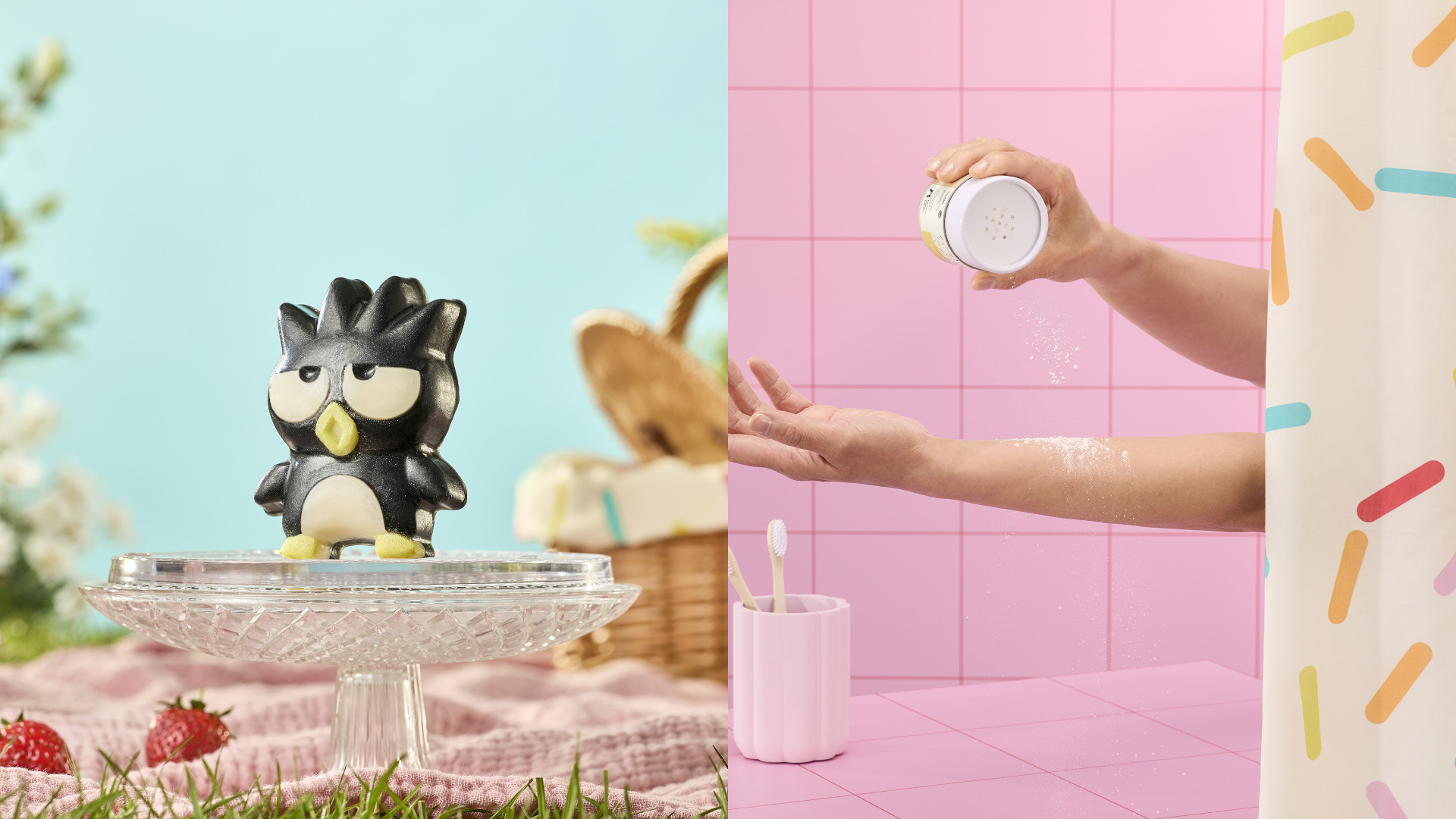LUSH&times;Sanrio Characters酷企鵝香氛皂420元；帕恰狗爽身粉650元。圖片：品牌提供